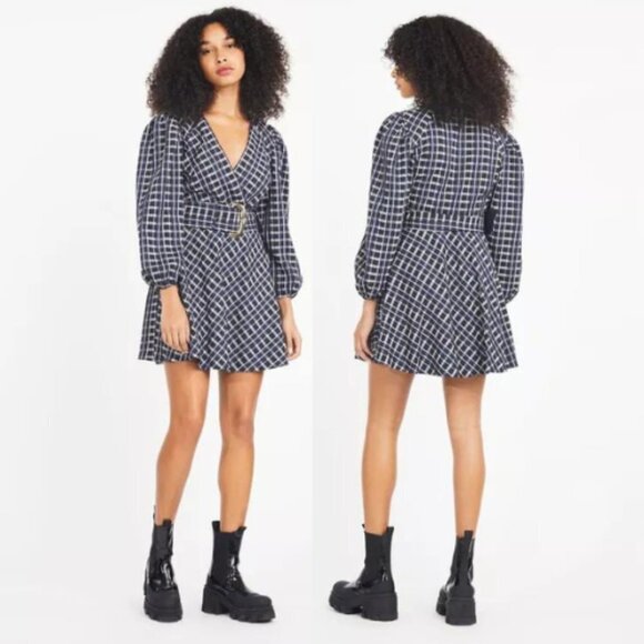 New! Tanya Taylor Nicola Puff-Sleeve Belted Check Mini Dress nwt 17334 - Picture 3 of 15